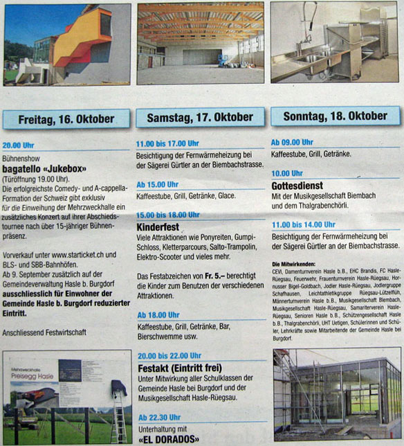 Mehrzweckhalle Preisegg Hasle b.B., Einweihungsfest